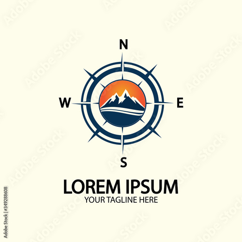 Compass with mountain for logo design illustrator exploration icon hiking tool.