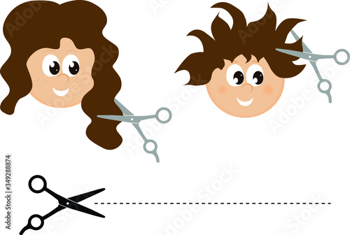 A guy and a girl do a haircut, with their hair long and messy. Black scissors icon.