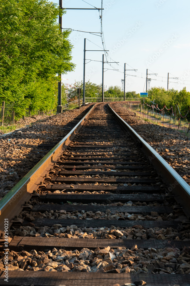 Perspective on railway tracks. Vegetation in the background.