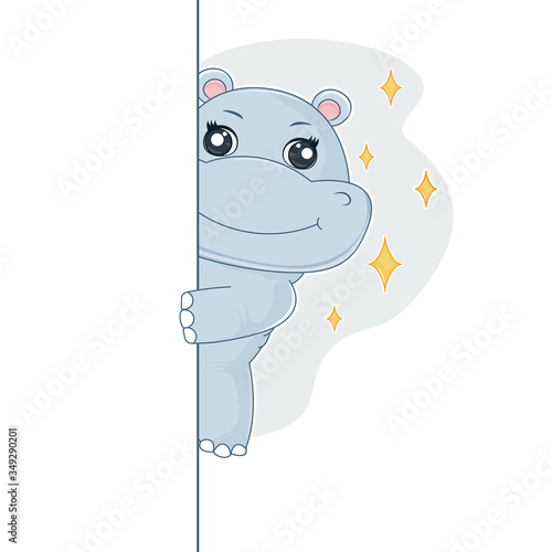 Happy cartoon hippo peeking out. Graphic element for kids, greeting card, cover, sticker and poster.