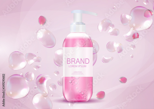 Design Cosmetics Product  Template for Ads or Magazine Background. Antibacterial Gel, Soap Bottle 3D Realistic Vector Illustration