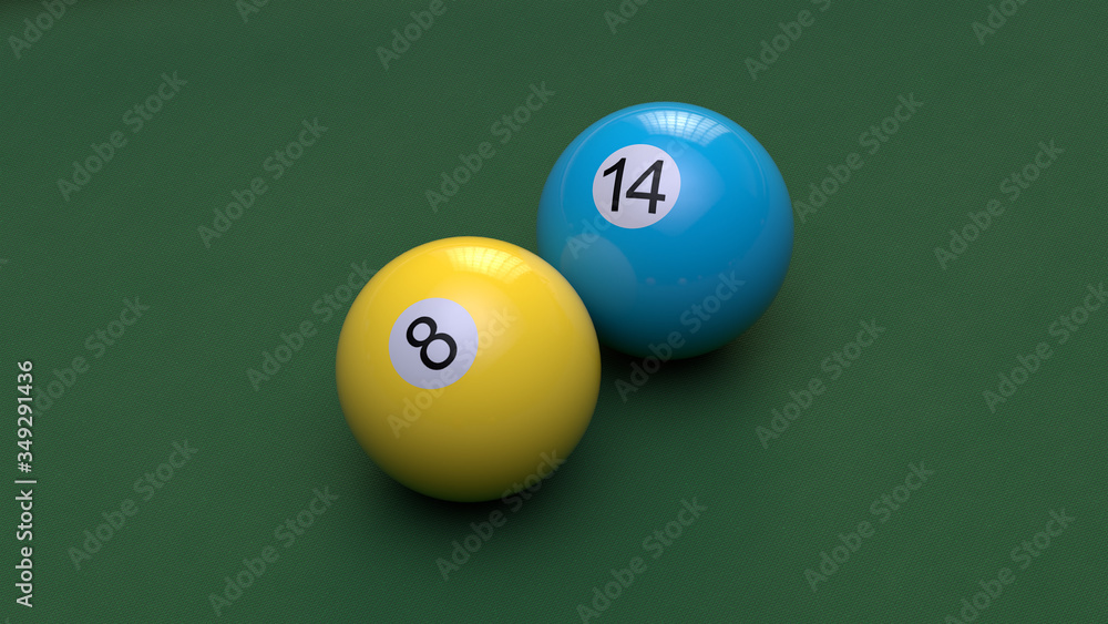 Two billiard balls with number eight and fourteen on green cloth. 3d render. Two billiard balls with number eight and fourteen on green cloth. 3d render.