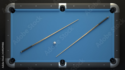 Tableau sur toile Wooden billiard table with blue cloth and two wooden cue