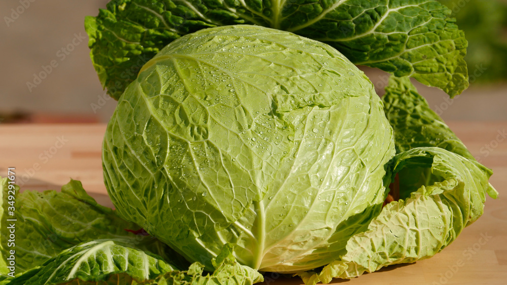 Fototapeta premium Closeup, cabbage, fresh organic green vegetables on wooden board, healthy eating