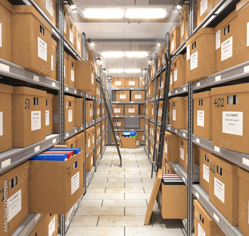 Schilderij op canvas Piles of files and documents are placed on metal shelves with folders and documents in a cardboard box, archive, pantry