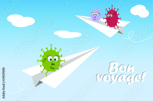 Vector illustration of cute Coronavirus cartoon characters flying on paper airplanes. Summer holidays 2020. Bon voyage.