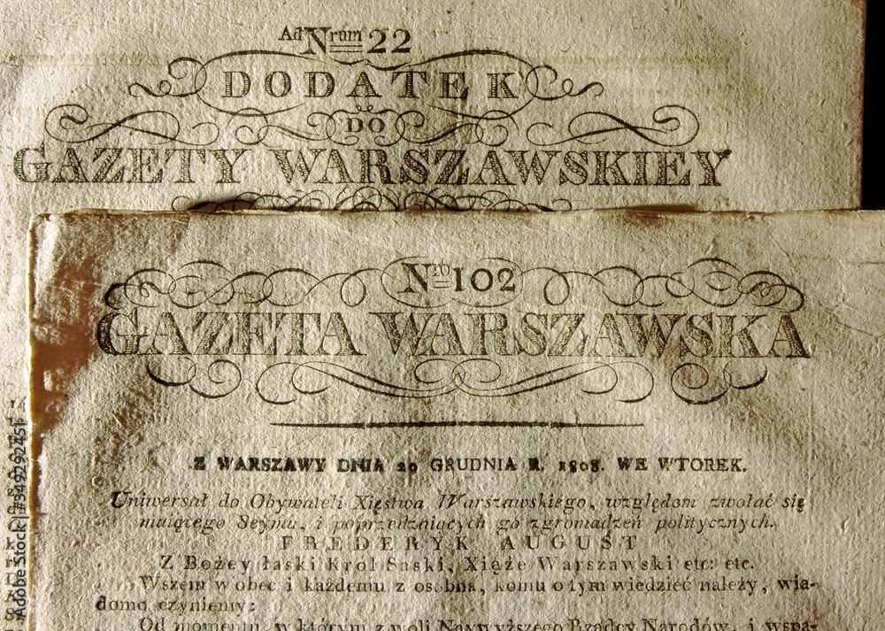 Gazeta Warszawska - old polish newspaper – AD 1808.
Winietka Gazety Warszawskiej z czasów Księstwa Warszawskiego, wraz z Dodatkiem.