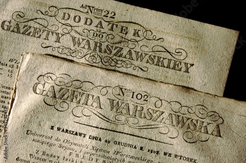 Gazeta Warszawska - old polish newspaper – AD 1808. Winietka Gazety Warszawskiej z czasów Księstwa Warszawskiego, wraz z Dodatkiem.