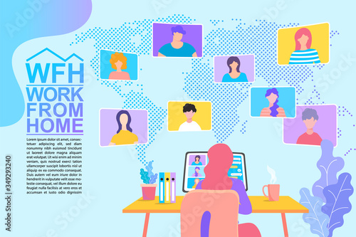 WFH Work From Home concept. A person in a video conference with a global team from their home office. Vector for remote work, online meeting, webinar, and business collaboration.