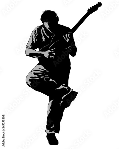Man whit guitar perform on stage. Isolated silhouettes of people on a white background