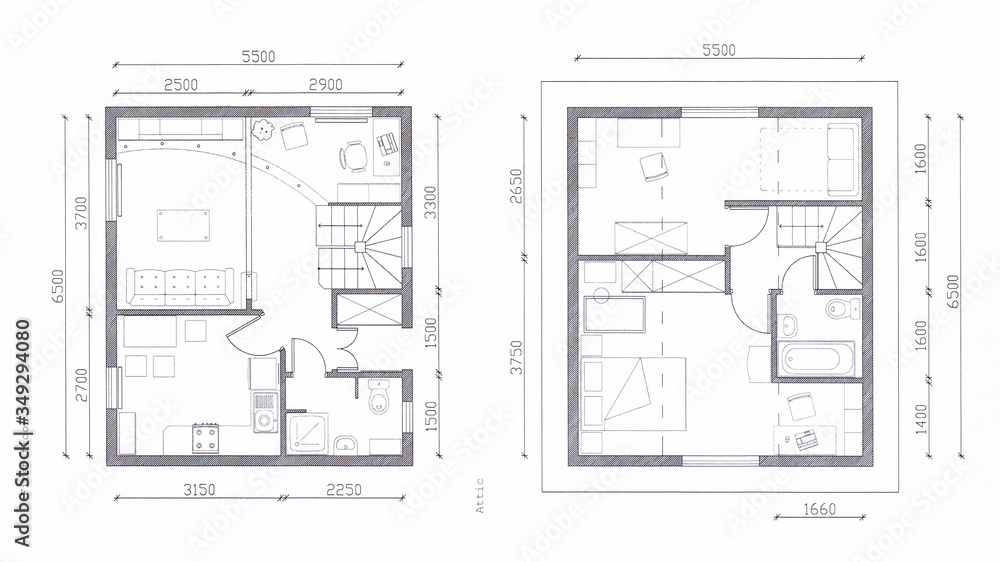 Architectural floor plan of a small house with dimensions on the drawing. Project on paper top view Architectural floor plan of a small house with dimensions on the drawing. Project on paper top view