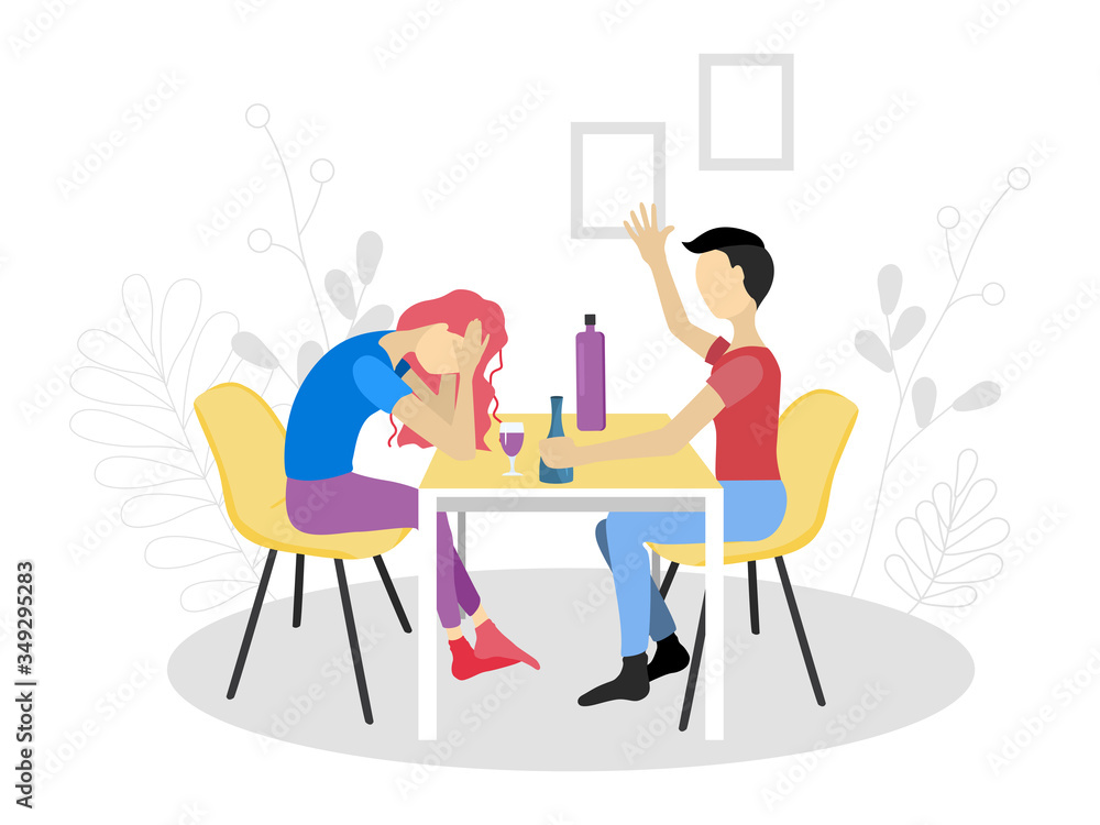 Vector illustration in flat style. Husband and wife are drinking while sitting at the table. Couple problems with alcohol. Family members are depressed. The girl is sad, and the guy drinks. Vector illustration in flat style. Husband and wife are drinking while sitting at the table. Couple problems with alcohol. Family members are depressed. The girl is sad, and the guy drinks.