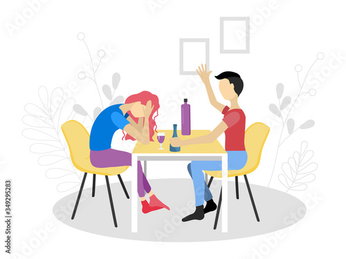 Vector illustration in flat style. Husband and wife are drinking while sitting at the table. Couple problems with alcohol. Family members are depressed. The girl is sad, and the guy drinks.