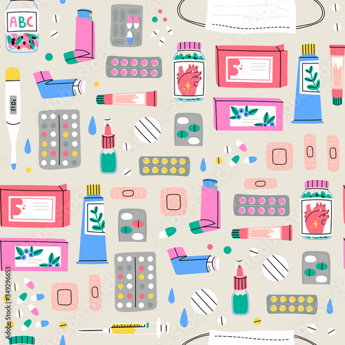 Various Medical equipment: Drugs, pills, capsules, inhaler, tube, spray, mask, patch, syringe, bottles. Medicine, pharmacy, hospital, drug store concept. Hand drawn Vector Seamless pattern, Background