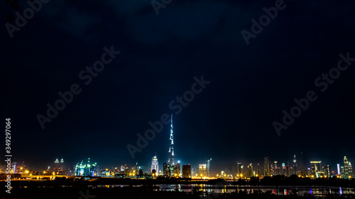 Wide view of Dubai skyline during night