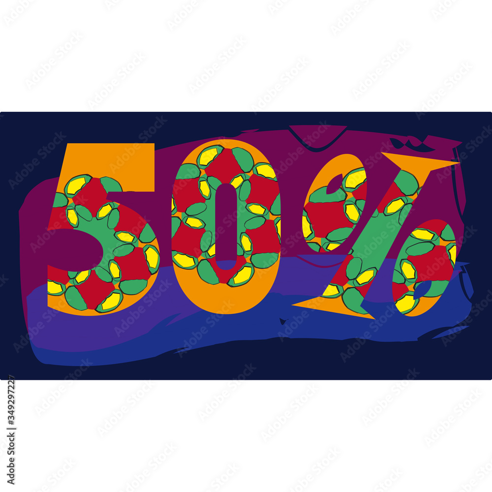 Patterned orange, red, green, yellow number 50, percent, Logo Design, template. Paint splashes