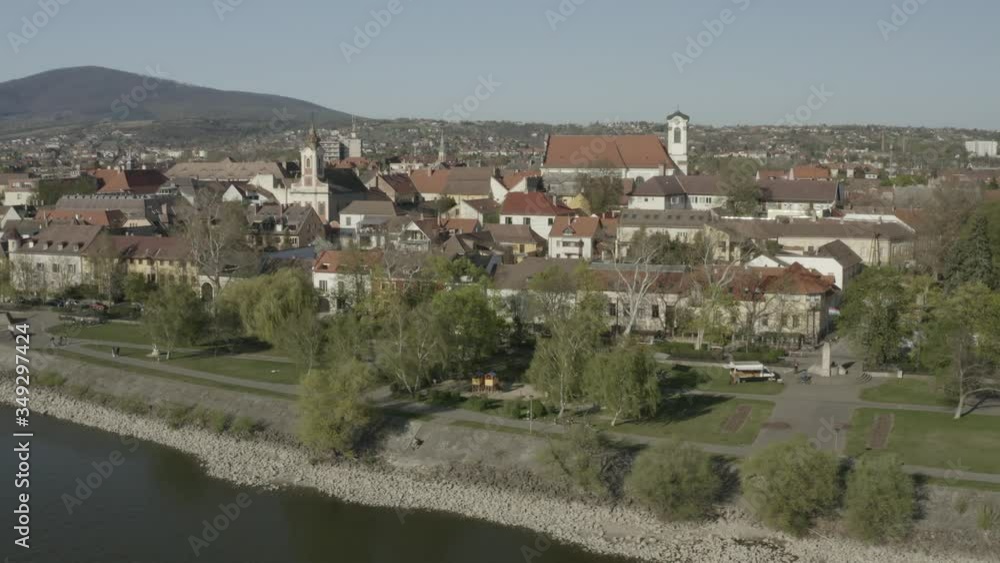 Establishing aerial view of Vac, Hungary. 4K d-log.