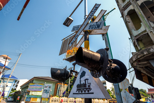 .02.02.2020 Thailand, Samut Songkhrami, sign of the railway crossing Mae Klong railway market also called Siang Tai. popular place among tourists from all over the world