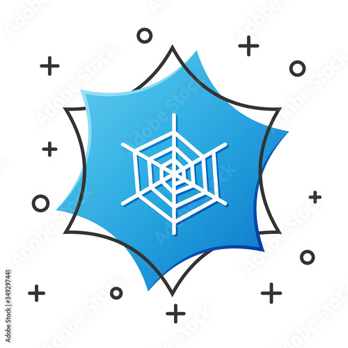 White line Spider web icon isolated on white background. Cobweb sign. Happy Halloween party. Blue hexagon button. Vector Illustration