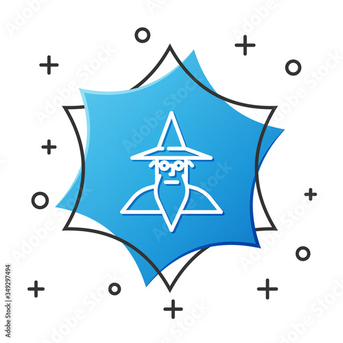 White line Wizard warlock icon isolated on white background. Blue hexagon button. Vector Illustration