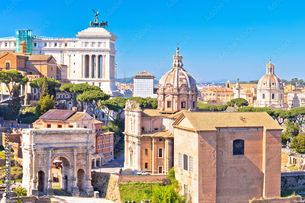 Rome. Scenic aerial view over the ruins of the Roman Forum and landmarks of Rome
