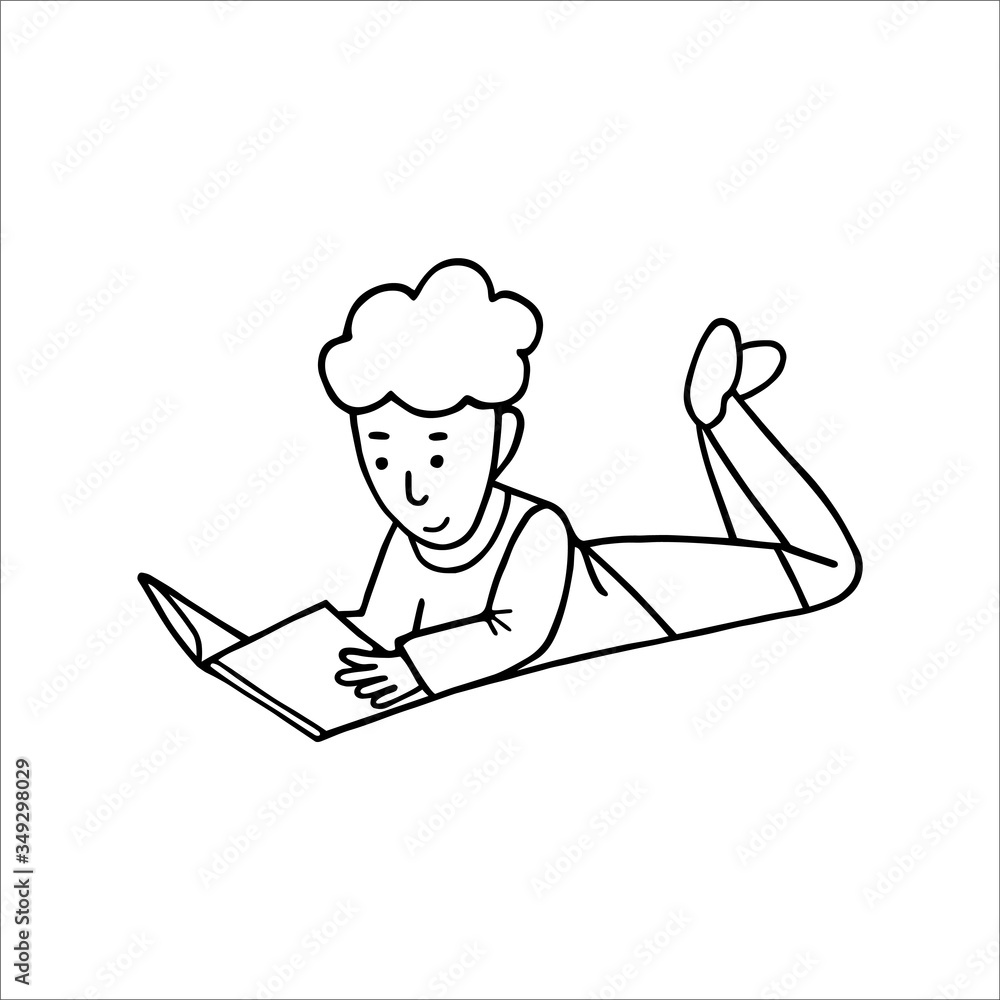 Hand drawn illustration of a lying and reading boy. Single doodle element of home schooling, online education and e-learning set. Vector EPS 10.