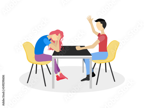 Vector illustration in flat style. Husband and wife swear sitting at the table. Family problems between partners. Family members are depressed. The girl is sad, and the guy swears at her and gestures. © Sasha Matbon