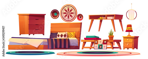 Bedroom interior in boho style with bed, cushions, wardrobe and nigthstands. Vector cartoon set of bohemian wooden furniture, round carpets and textile with bright geometric design