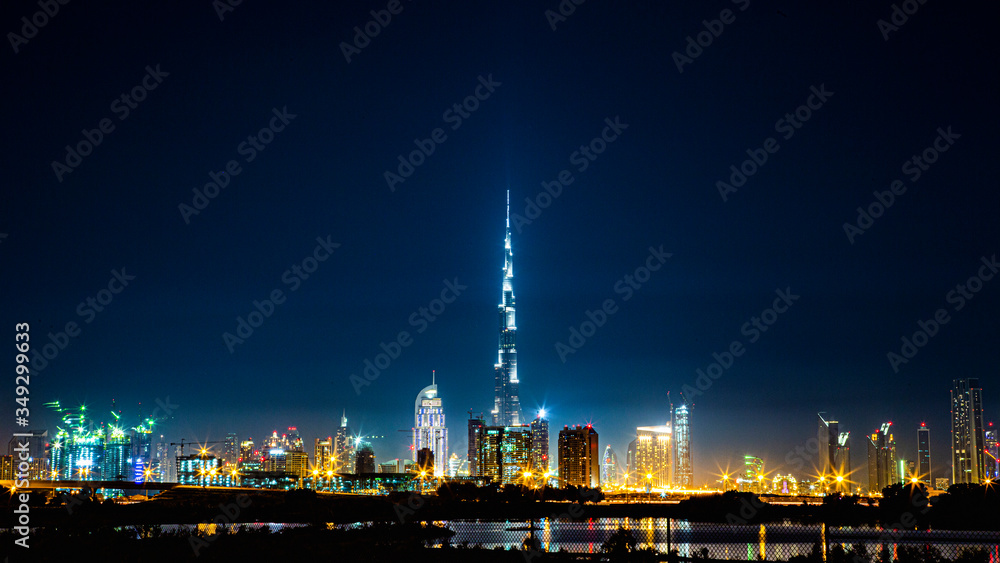 Close view of Dubai skyline during night