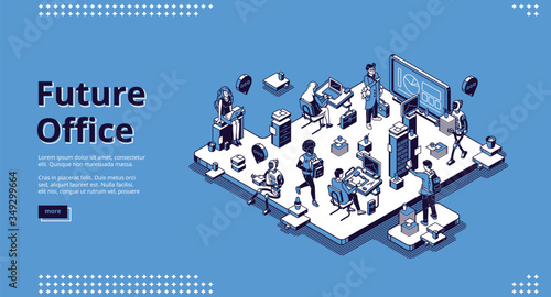 Future office isometric landing page. Human and ai robots work together. Robotic employees with people in futuristic workplace. Cyborgs automation artificial intelligence 3d vector line art web banner