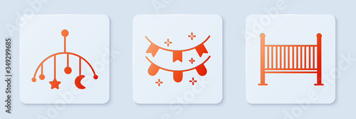 Set Carnival garland with flags, Baby crib hanging toys and Baby crib cradle bed. White square button. Vector