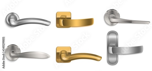 Realistic door handles set, golden and silver knobs of different shapes isolated on white background. Shiny gold and steel modern metal doorknobs, design element for interior, 3d vector icons, clipart