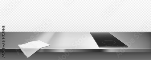 Electric stove on kitchen counter top view. Vector induction cooking panel, black ceramic cooktop on empty steel table with rag. Isolated metal countertop with electrical plate realistic 3d border