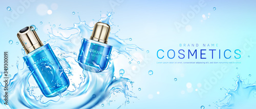Cosmetic products in water splash. Vector realistic brand poster with skincare gel, cream, perfume or makeup cosmetics in glass bottles. Promo banner, advertising background