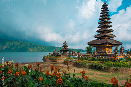 Pura Ulun Danu Bratan temple near Beratan lake in Bali island, Indonesia. Iconic image of Bali and southeast Asia. Travel and adventure background and postcard image.