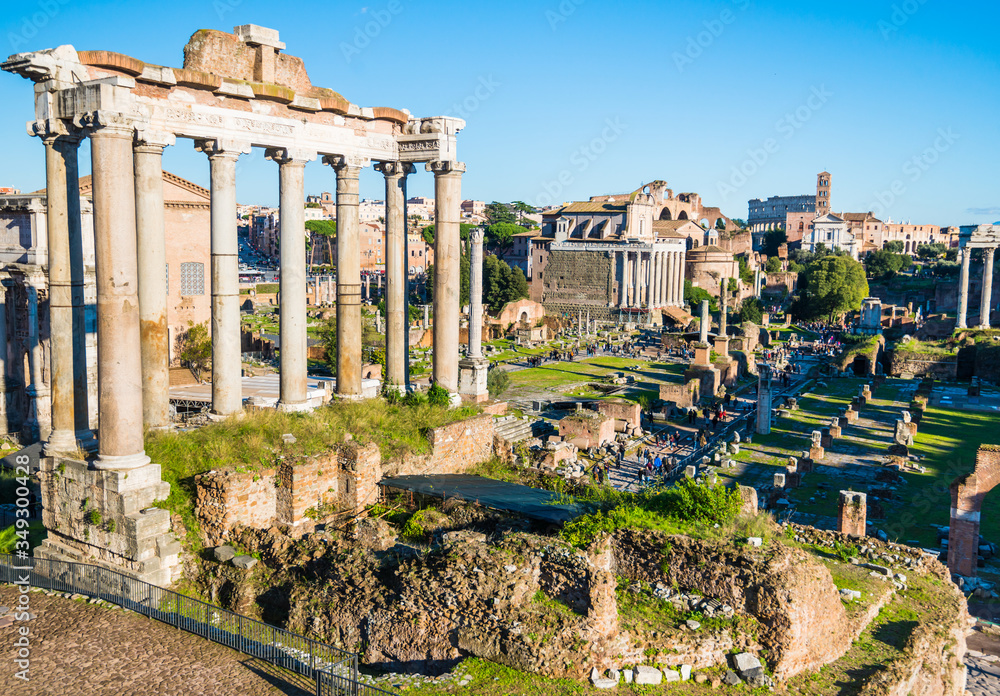 Roman Forum in Rome city centre in Italy with ancient ruins and columns