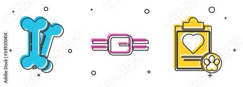 Set Dog bone, Collar with name tag and Clipboard with medical clinical record pet icon. Vector