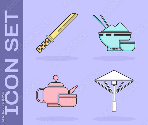 Set Japanese umbrella from the sun, Traditional Japanese katana, Japanese tea ceremony and Rice in a bowl with chopstick icon. Vector
