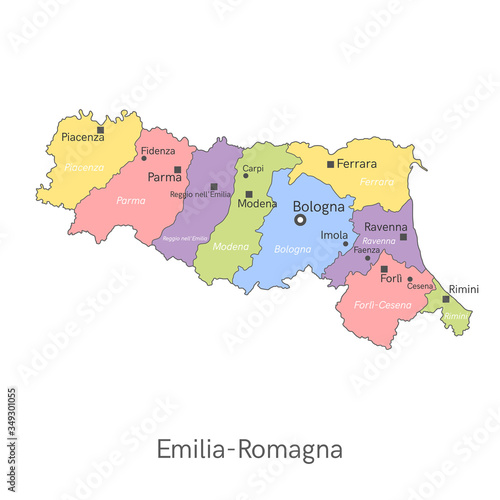 Vector illustration: administrative map of Emilia-Romagna with the names of cities and provinces.