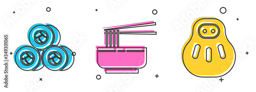 Set Sushi, Asian noodles in bowl and chopsticks and Maneki neko cat icon. Vector