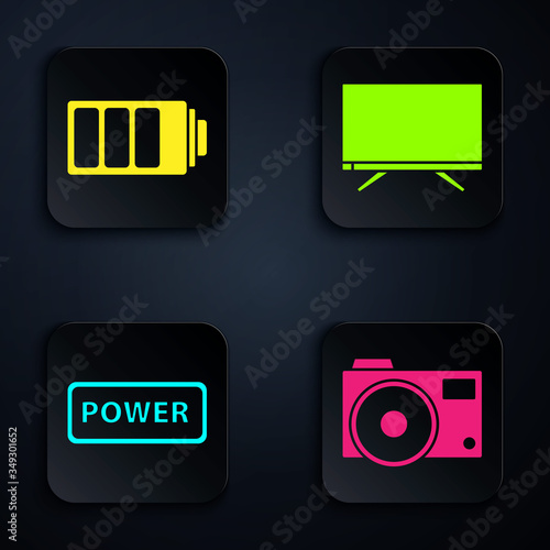 Set Photo camera, Battery charge level indicator, Power button and Smart Tv. Black square button. Vector