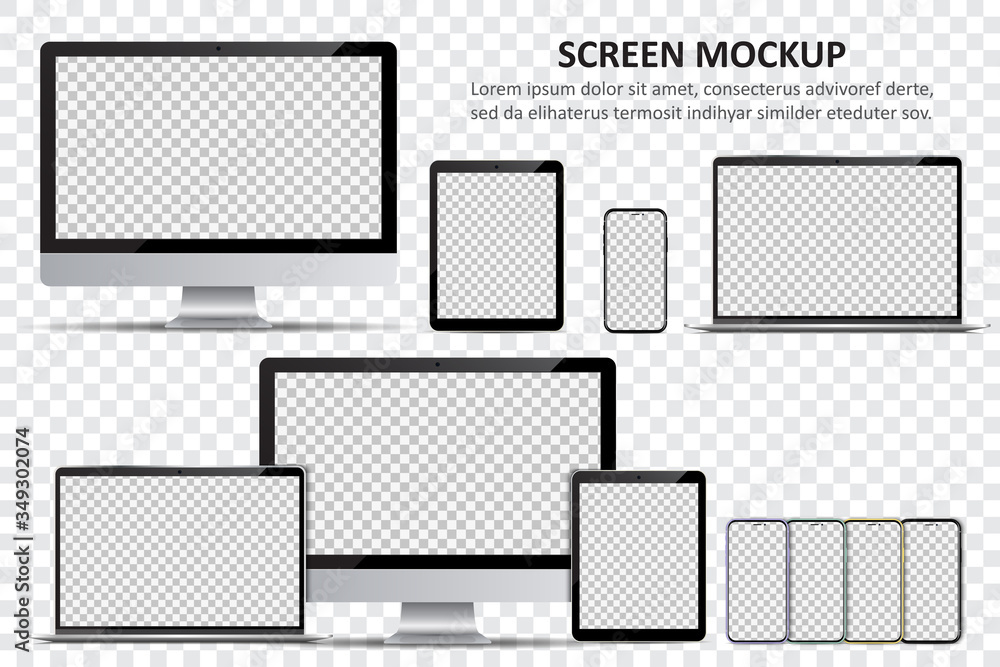 Screen mockup. Computer monitor, laptop, tablet and smartphone with blank screen for design