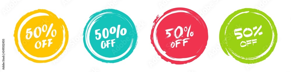 Set of grunge sticker with 50 percent off in a flat design. For sale, promotion, advertising Set of grunge sticker with 50 percent off in a flat design. For sale, promotion, advertising