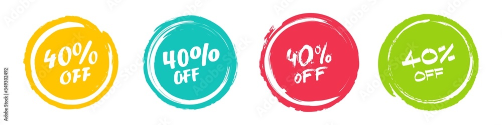 Set of grunge sticker with 40 percent off in a flat design. For sale, promotion, advertising - obrazy, fototapety, plakaty 