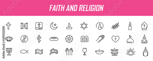 Set of linear religion icons. Faith icons in simple design. Vector illustration