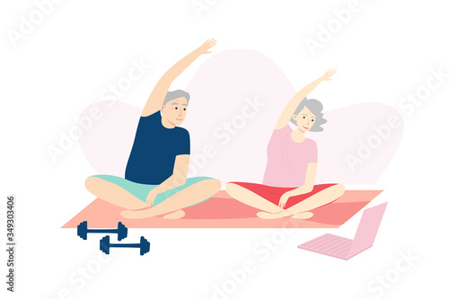 Fitness online course concept. Elderly couple doing fitness at home together using their laptop. Vector flat cartoon illustration