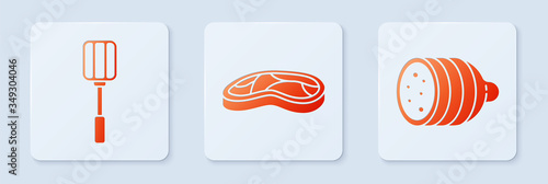 Set Steak meat, Spatula and Salami sausage. White square button. Vector