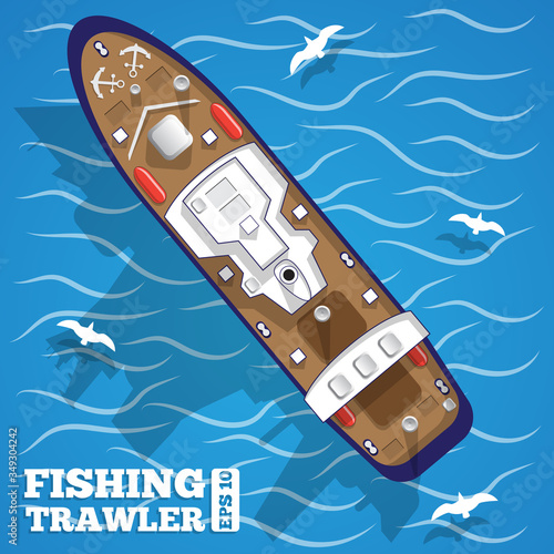 Ship on fisheries.  View from above. Vector illustration.