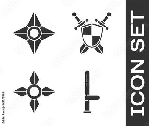 Set Police rubber baton, Japanese ninja shuriken, Japanese ninja shuriken and Medieval shield with crossed swords icon. Vector