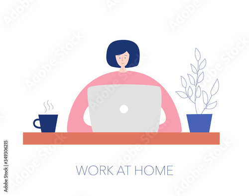 Work at home. Woman at the desk working on a laptop and drinking coffee. Coronavirus quarantine lifestyle. Modern flat illustration on freelancer job.